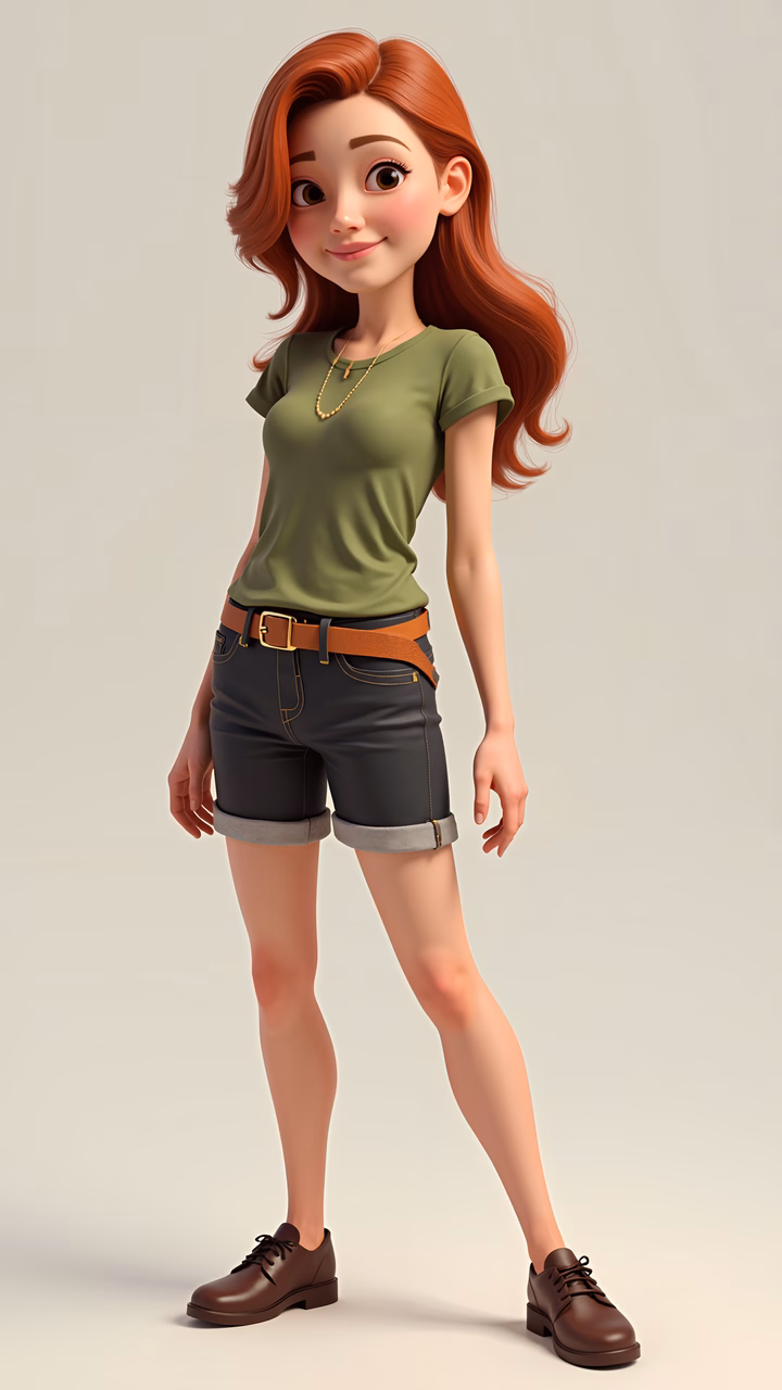 A cheerful cartoon girl in a casual outfit, exuding warmth and friendliness.