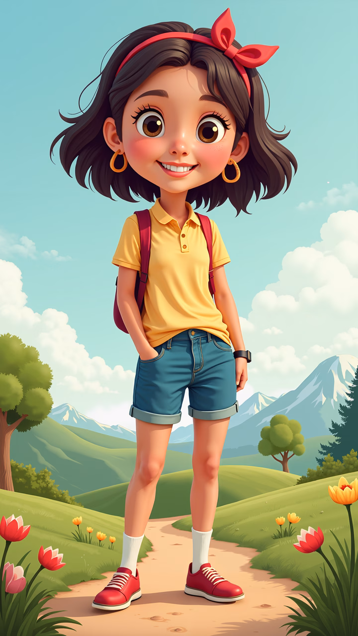 A joyful cartoon girl in a picturesque natural setting.