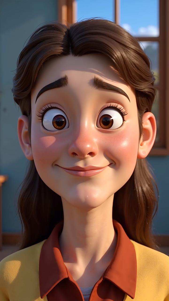 A smiling cartoon girl with expressive eyes and a bright outfit, set against a serene backdrop.