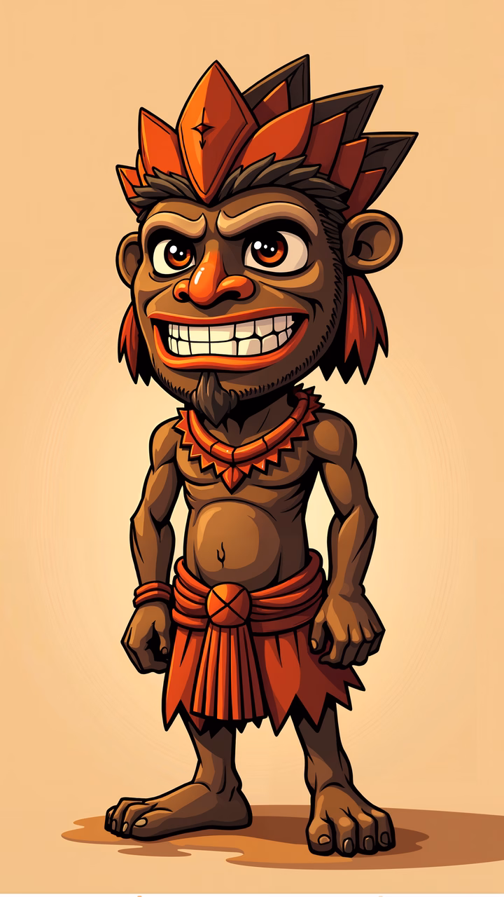 Cartoon gorilla warrior with fierce headpiece and red loincloth, vibrant colors, playful aggression, dynamic energy.