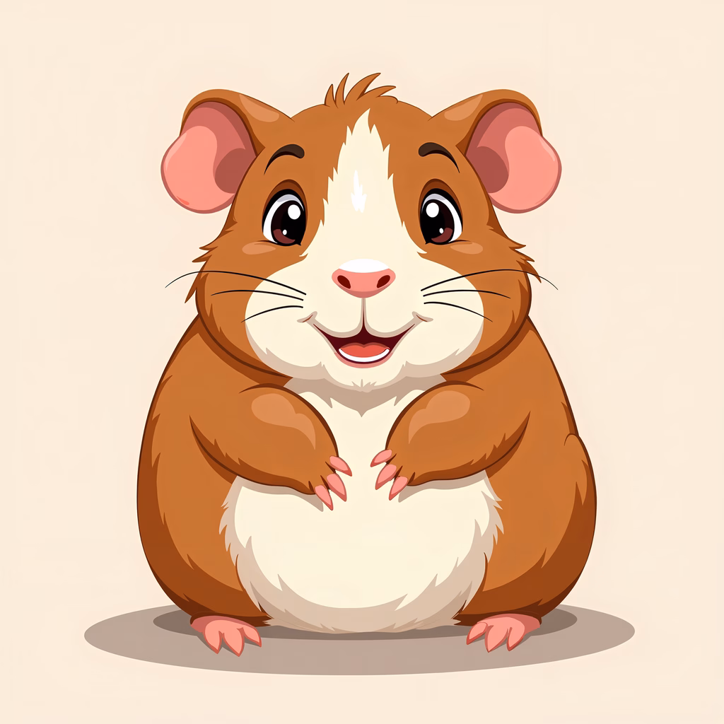 A cute cartoon hamster with big eyes and a happy expression.