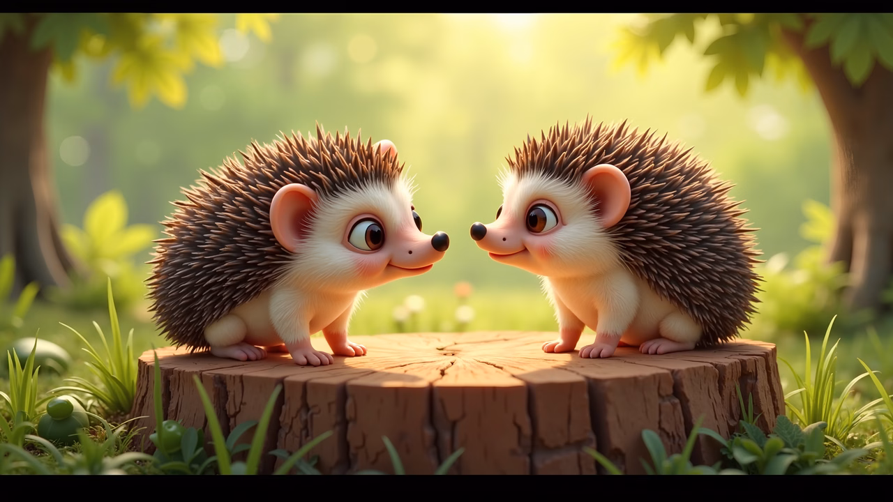 Two charming hedgehogs share a moment in a sunlit forest, evoking warmth and innocence.