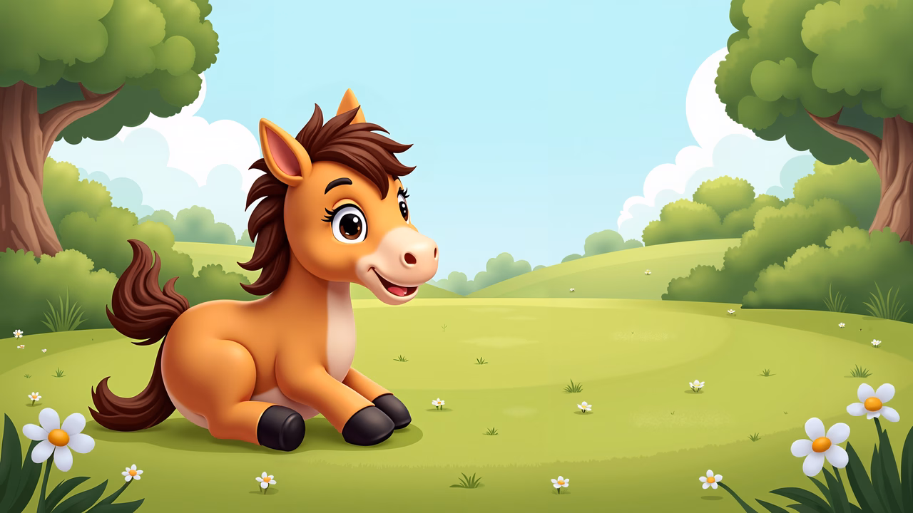A cute cartoon horse enjoying a sunny day in a meadow filled with flowers.
