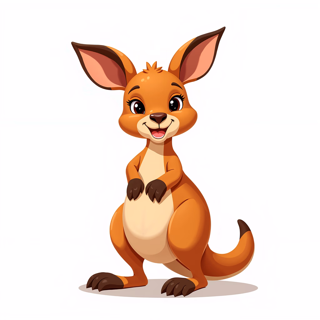 A cute, cartoon-style kangaroo standing upright with a big smile.