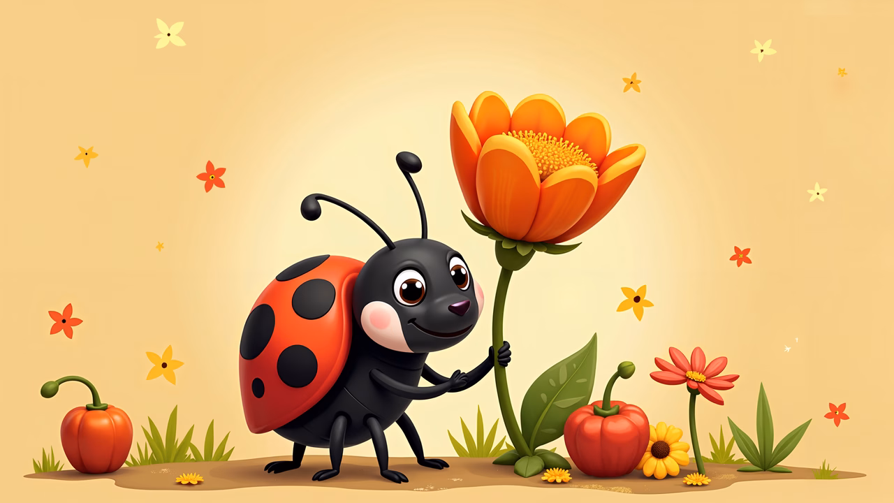 A cute cartoon ladybug holding a bright orange flower in a cheerful garden setting.
