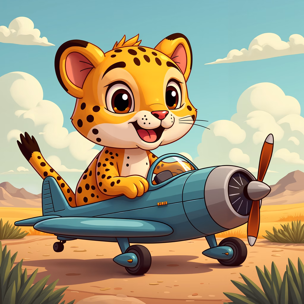 A cartoon leopard pilot ready for flight in a desert landscape.