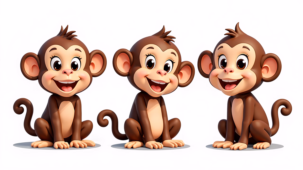 Three cheerful cartoon monkeys sitting together, bringing joy and innocence to life.