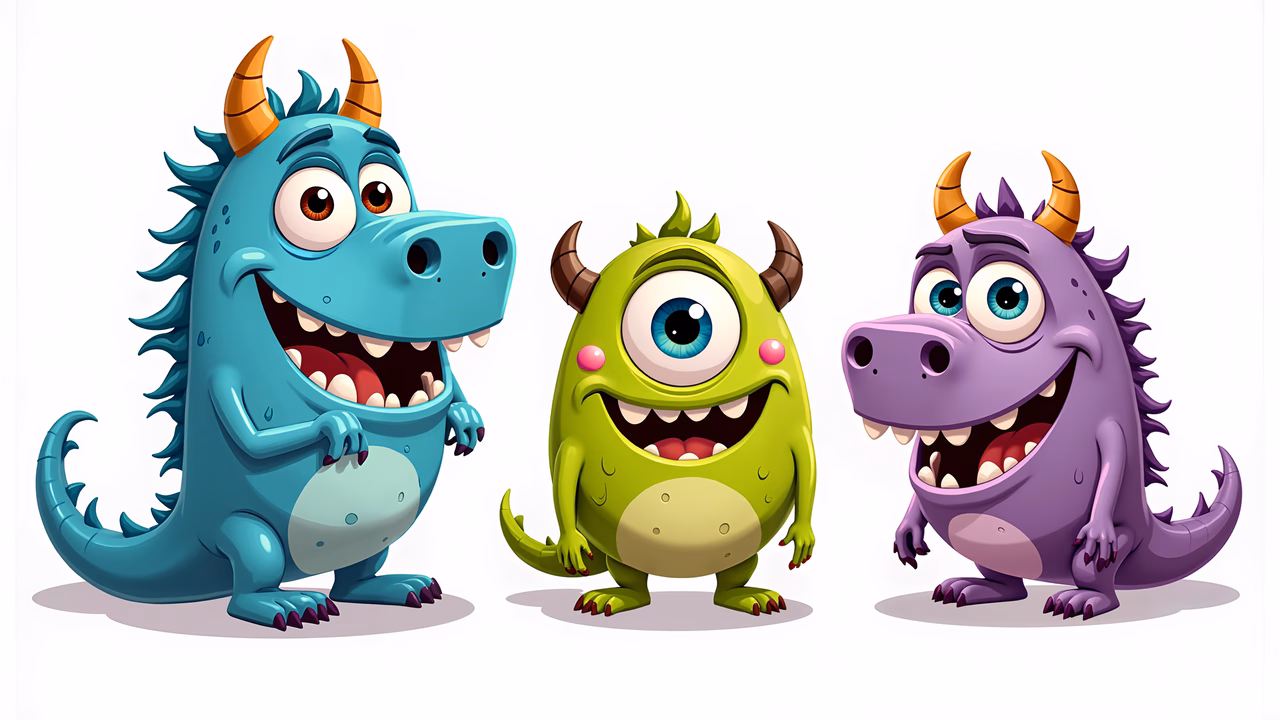 Brightly colored cartoon monsters with expressive faces and playful personalities.