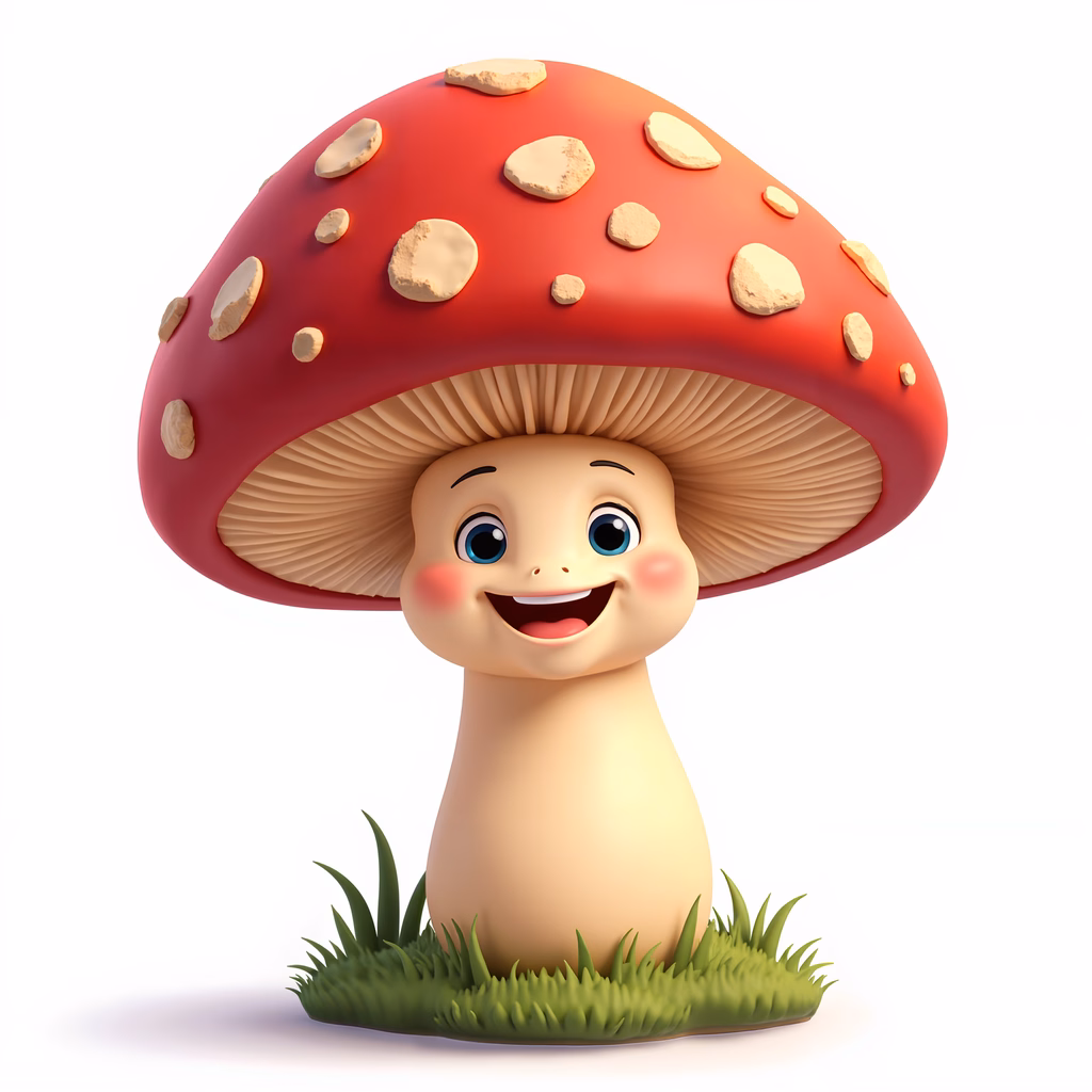 A cute cartoon mushroom character with a big smile and friendly eyes, perfect for children's art.