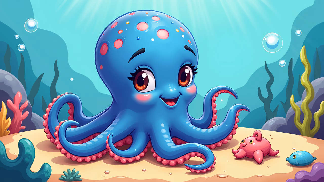 A cute octopus explores a colorful underwater world, inspiring wonder and happiness.