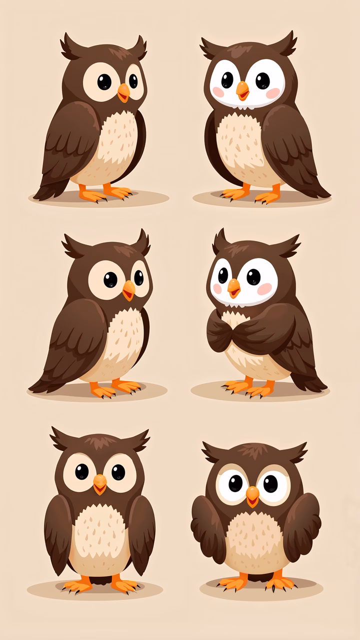 Cute cartoon owls with varied expressions and warm tones on a beige background.