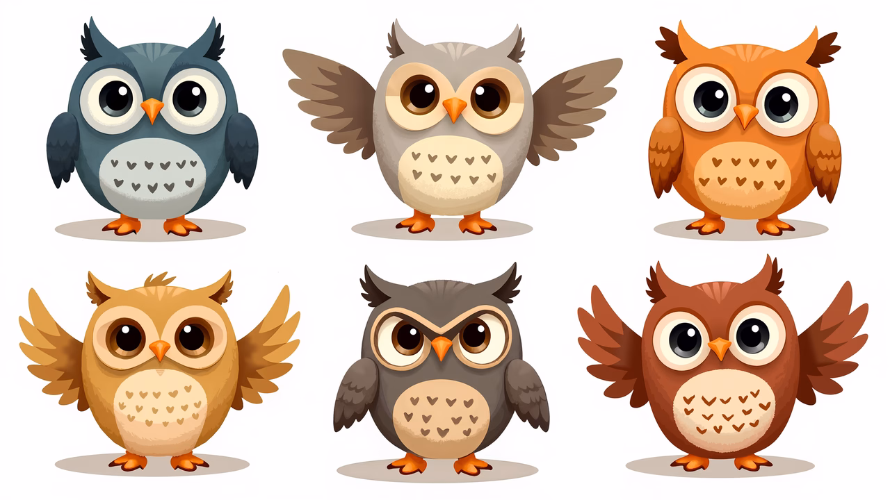 Cute cartoon owls in various colors and expressions.