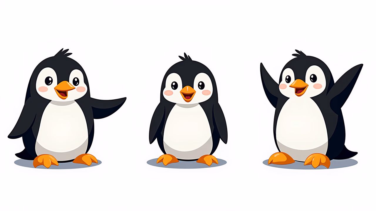 Three cute penguins in a playful illustration.