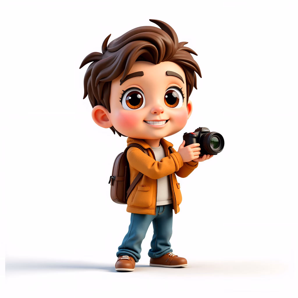 A joyful cartoon boy with a camera, ready for adventure!