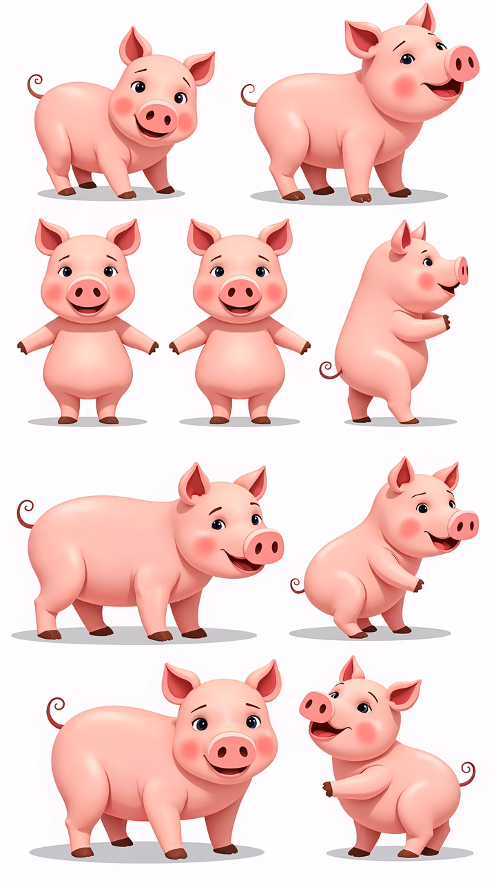 Cute cartoon pigs in playful poses, perfect for children's art.