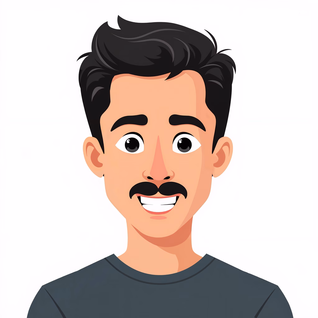 Cartoon portrait of a smiling individual with expressive eyes and neat hair.