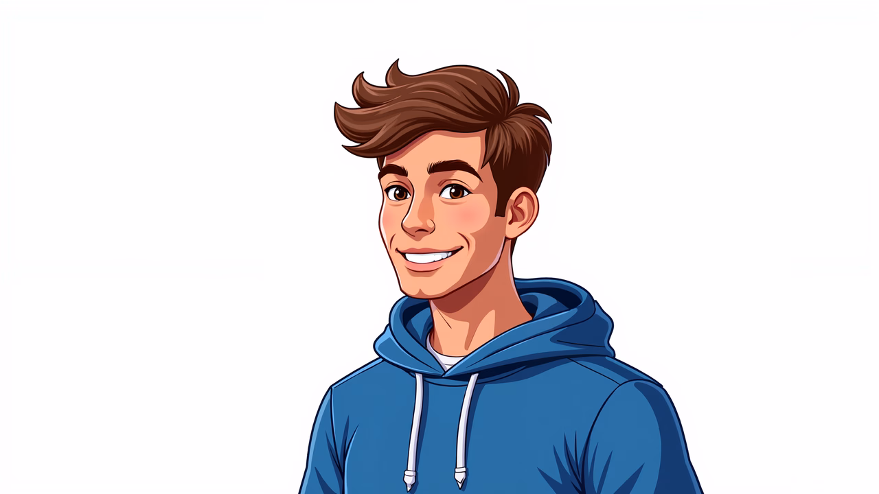 Cartoon portrait of a smiling boy in a blue hoodie, vibrant and friendly.