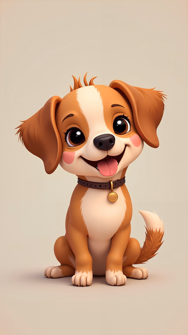 A cute cartoon puppy with a big smile and expressive eyes, wearing a collar with a gold tag.