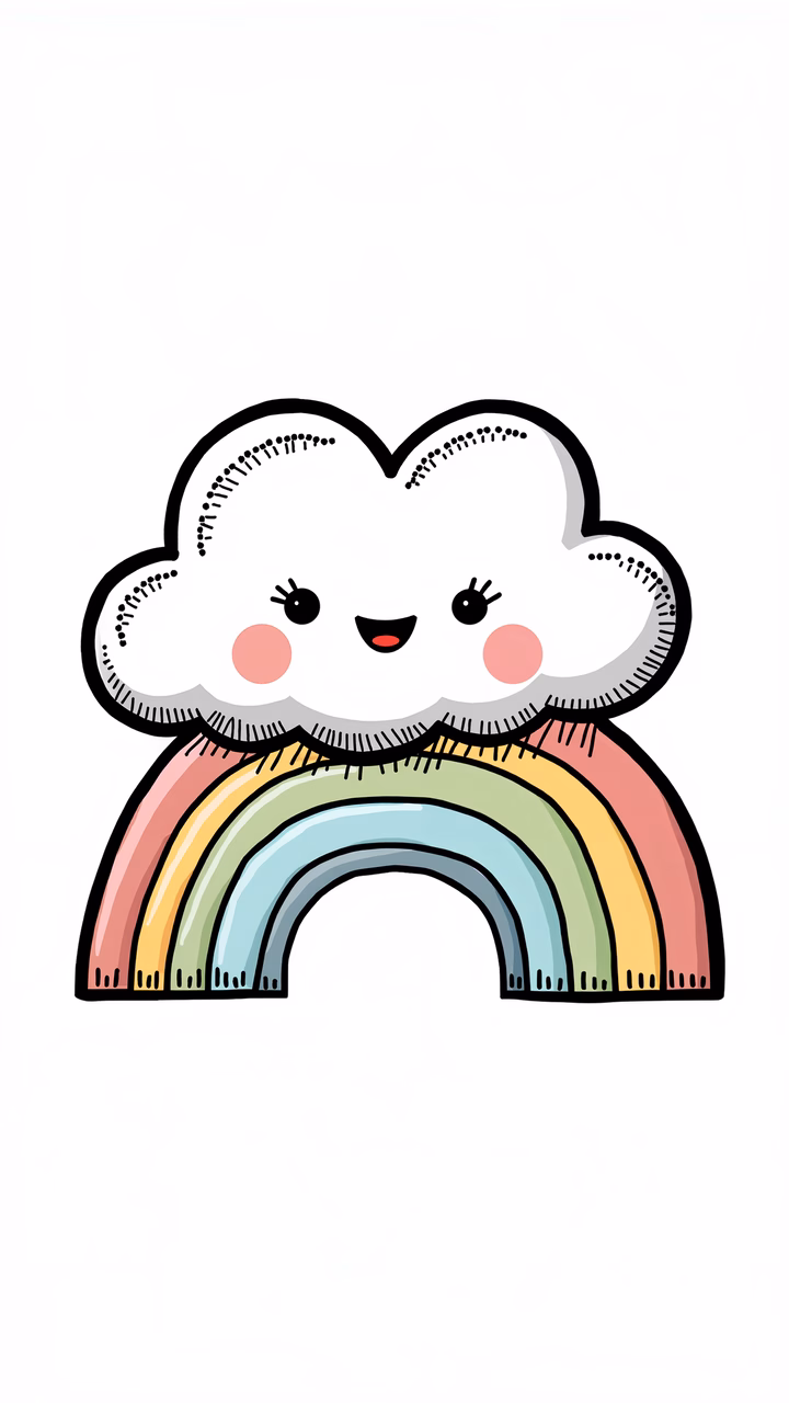 A joyful cartoon cloud with a rainbow beneath it, perfect for children's art.