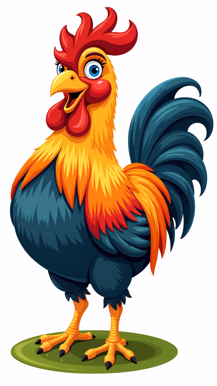 Brightly colored cartoon rooster with exaggerated features and playful vibe.
