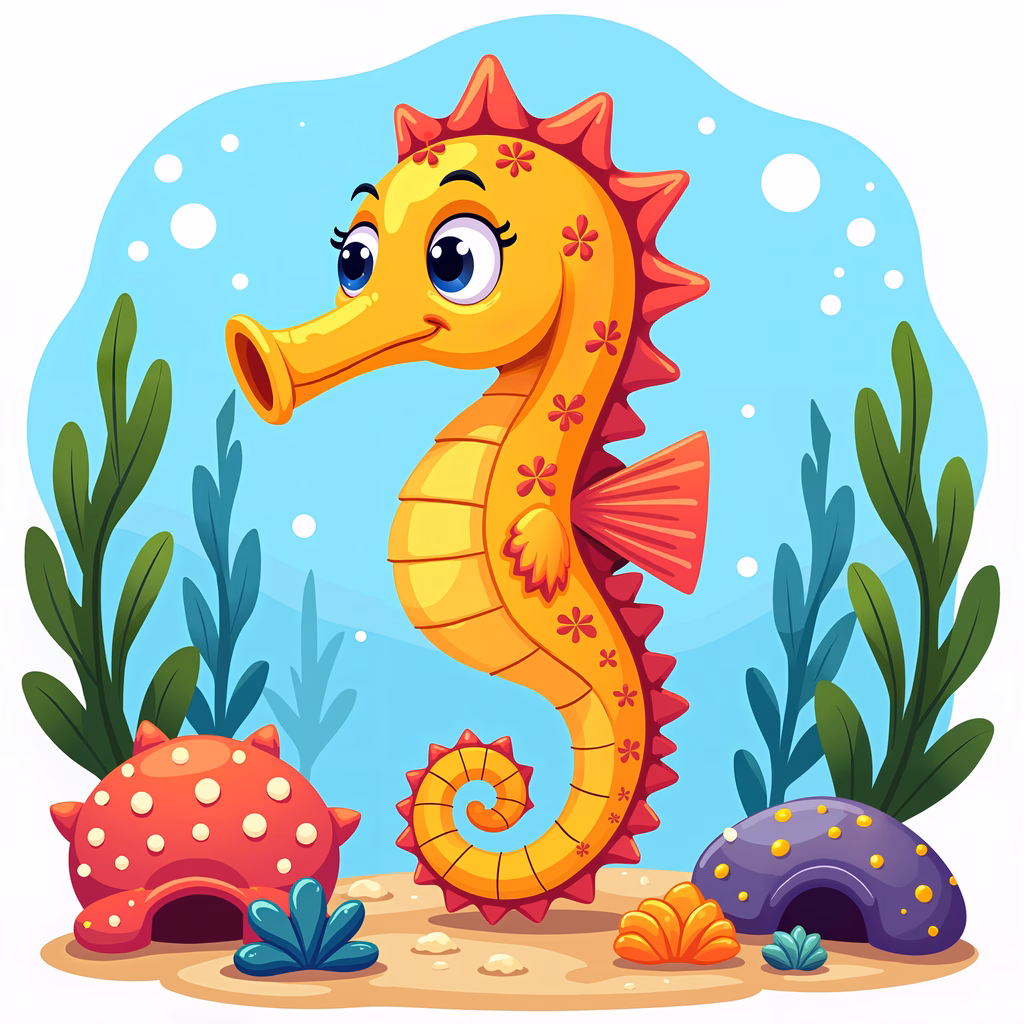 A cute cartoon seahorse in a colorful underwater world.
