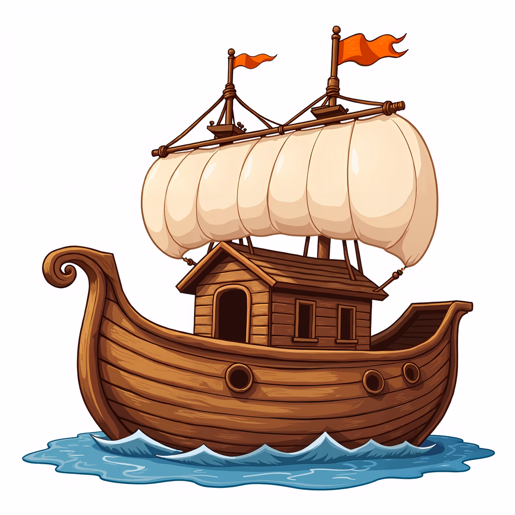 A whimsical cartoon ship sailing on blue waters, perfect for children's stories and educational materials.