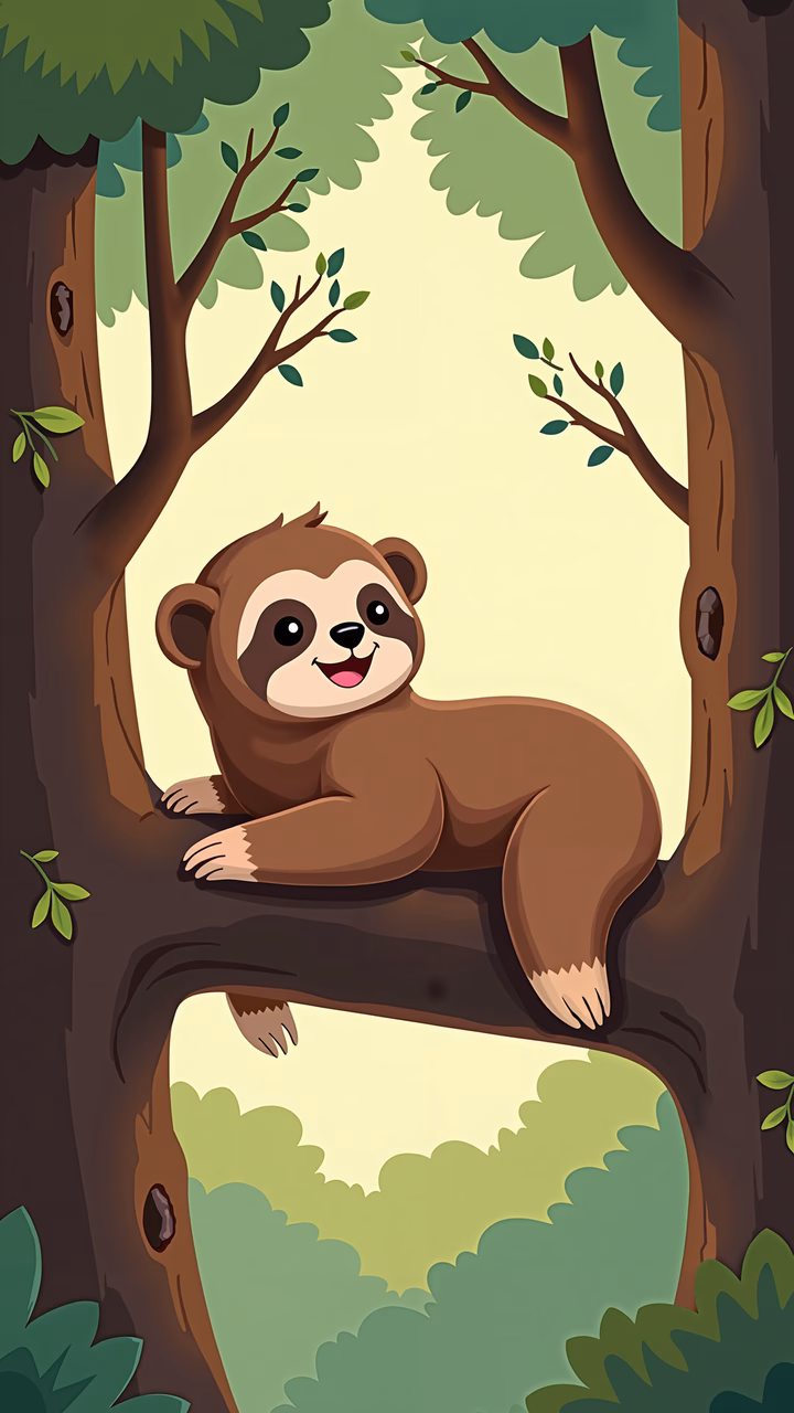 A happy cartoon sloth relaxing in a forest setting.