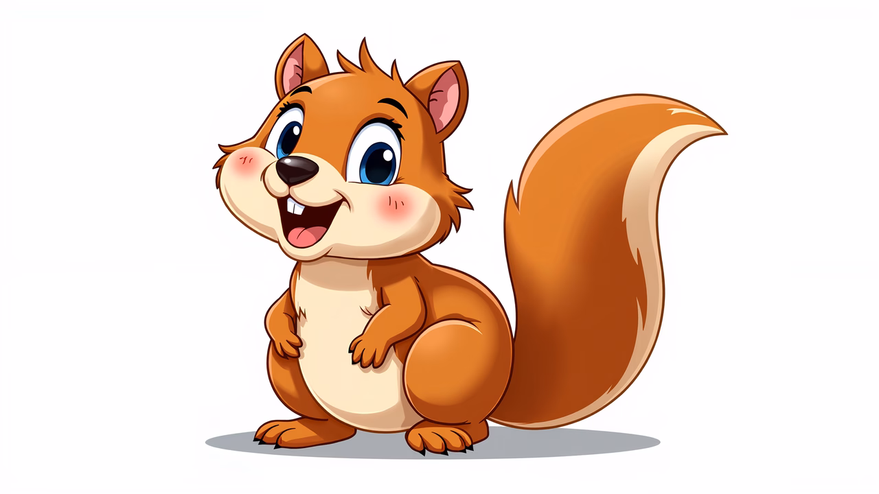 A cute cartoon squirrel with big eyes and a happy expression, perfect for children's illustrations.