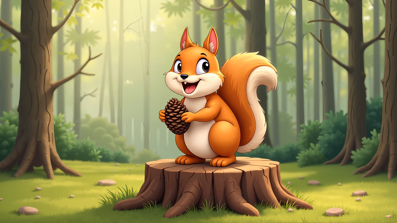A happy cartoon squirrel in a forest setting, holding a pinecone.