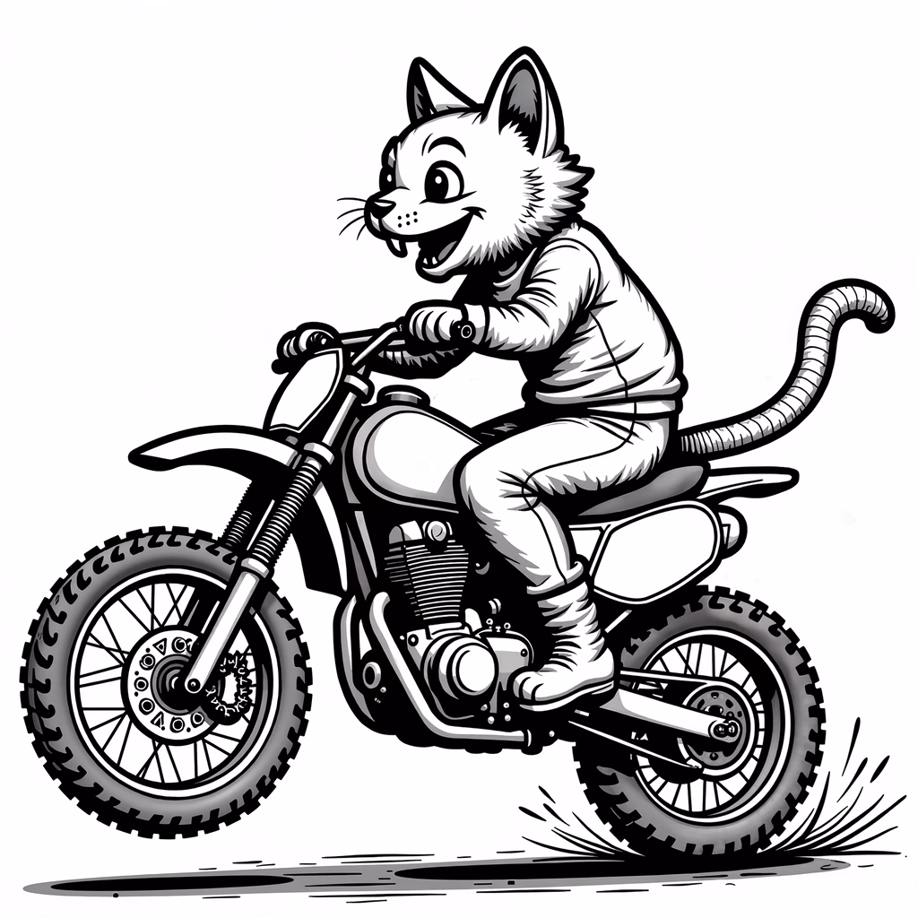 A cute cat riding a motorcycle in a playful, adventurous cartoon style.