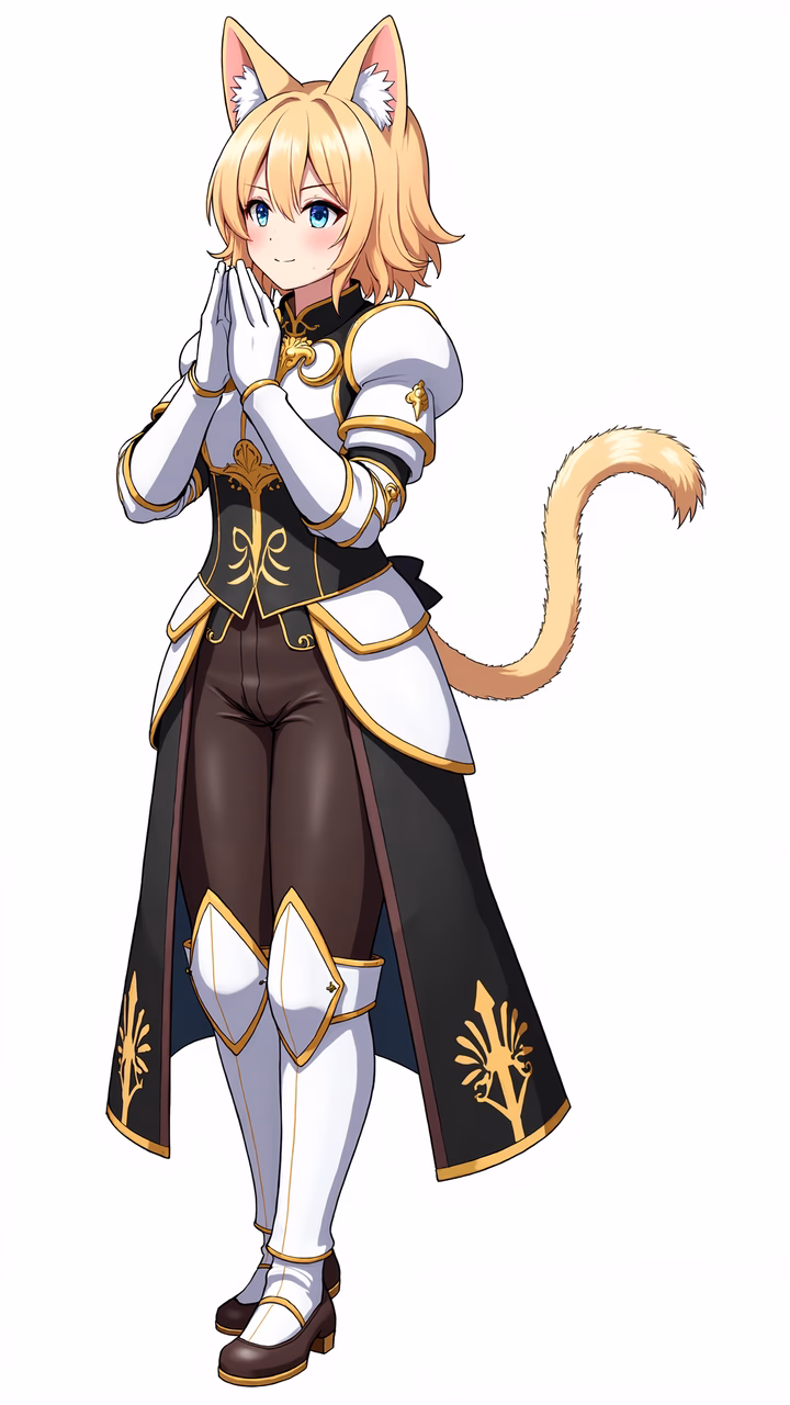 Confident catgirl knight in detailed fantasy armor, ready for battle.