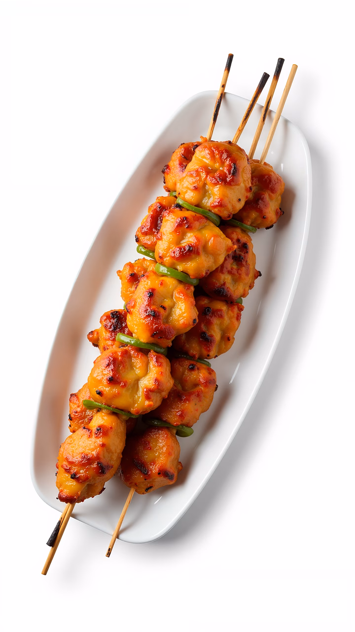 Glistening chicken skewers on a white plate, perfect for a meal!