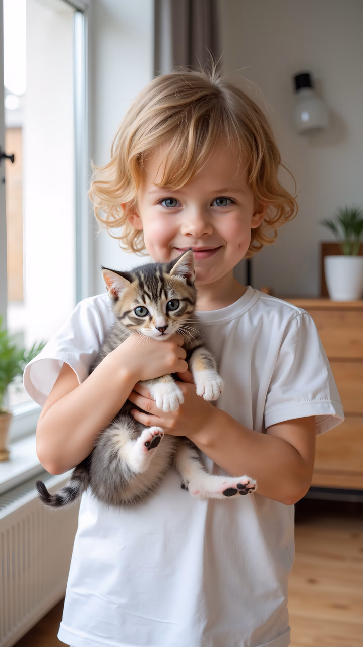 A child holds a kitten, capturing a moment of joy and tenderness.