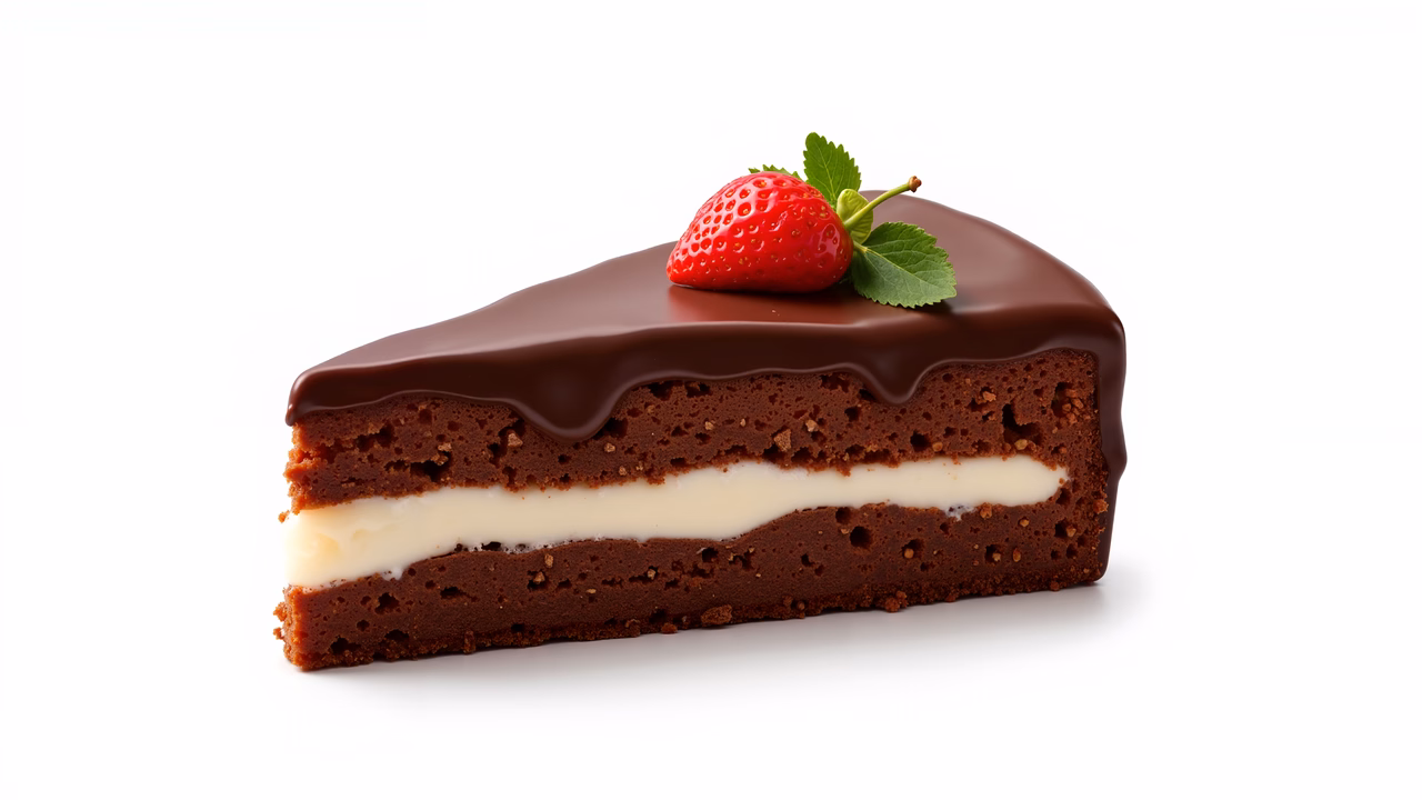 Close-up of a chocolate cake slice with creamy filling and glossy glaze, garnished with a strawberry.