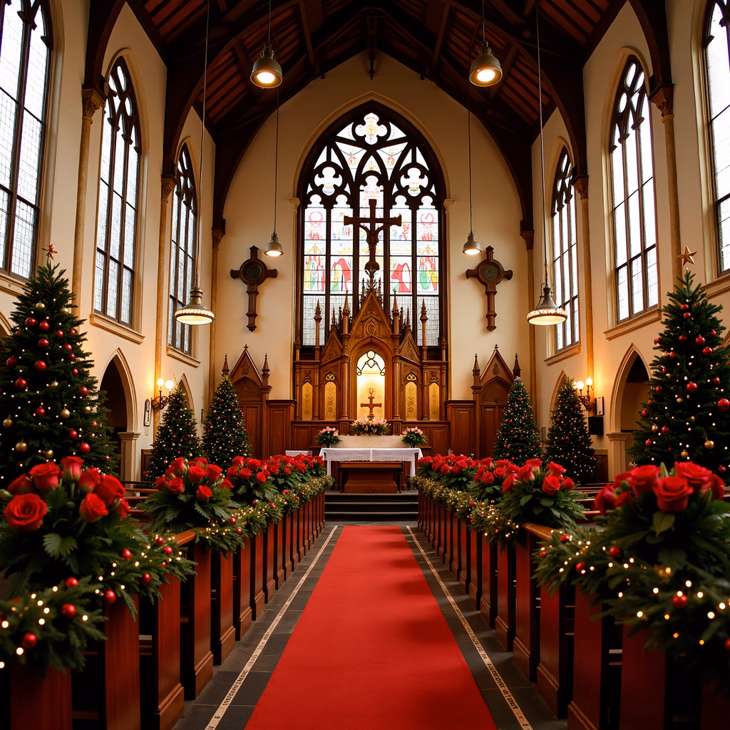 Warmly lit Christmas church interior with red carpet and festive decorations.