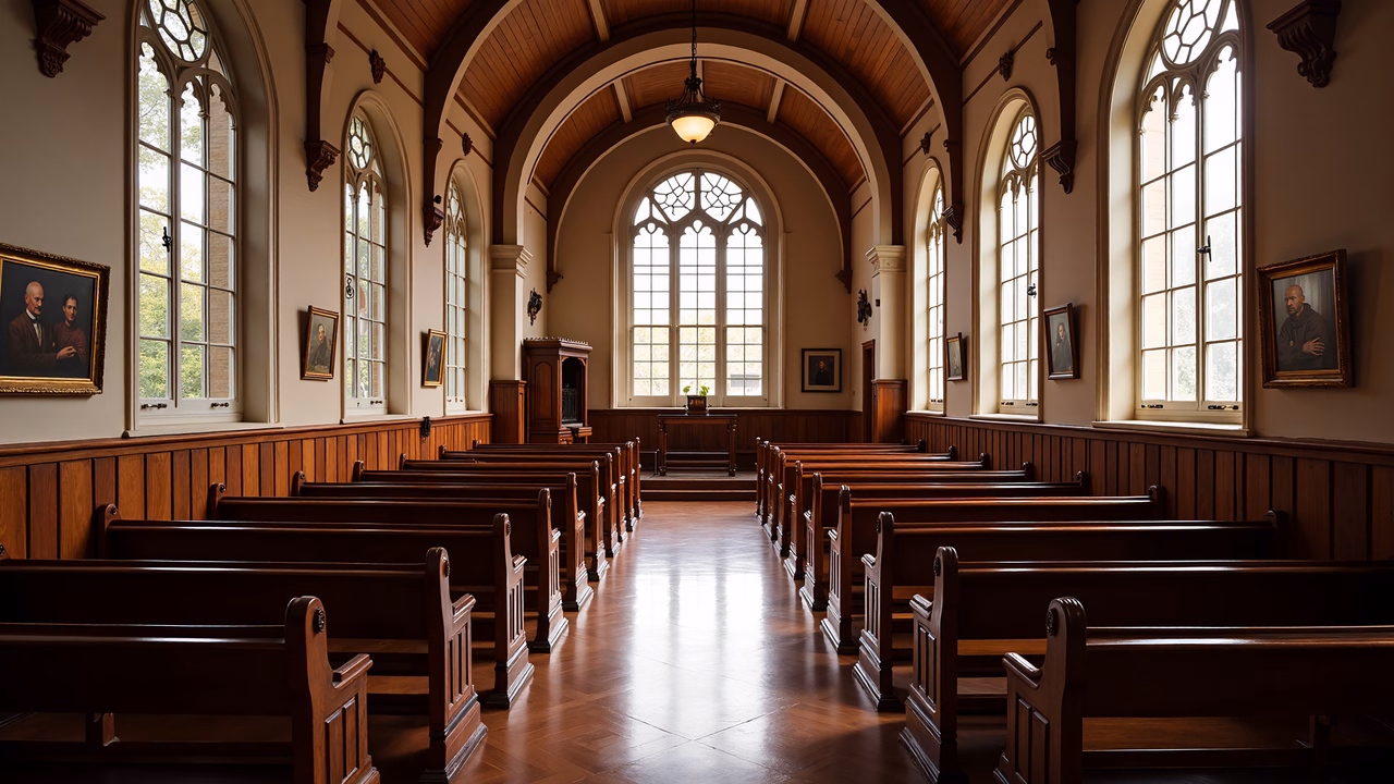 A tranquil view of a church interior with wooden pews and arched windows.
