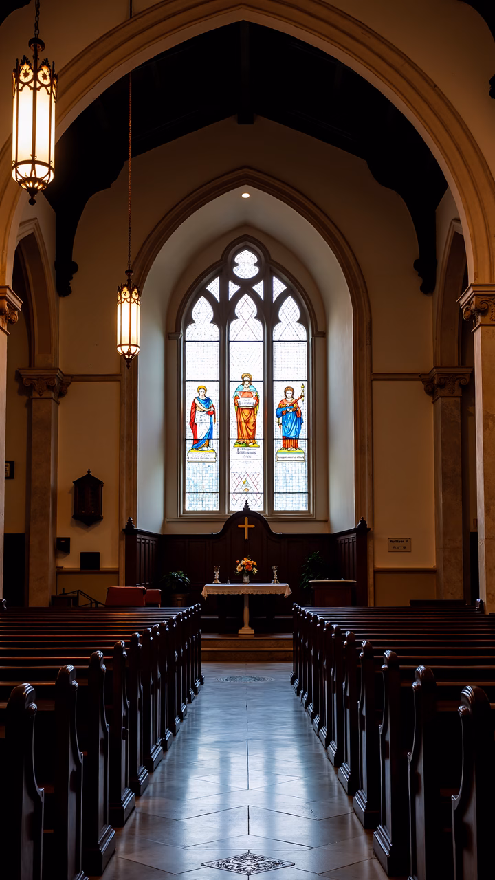 A tranquil view of a church interior with wooden pews and a stained glass window featuring religious figures.