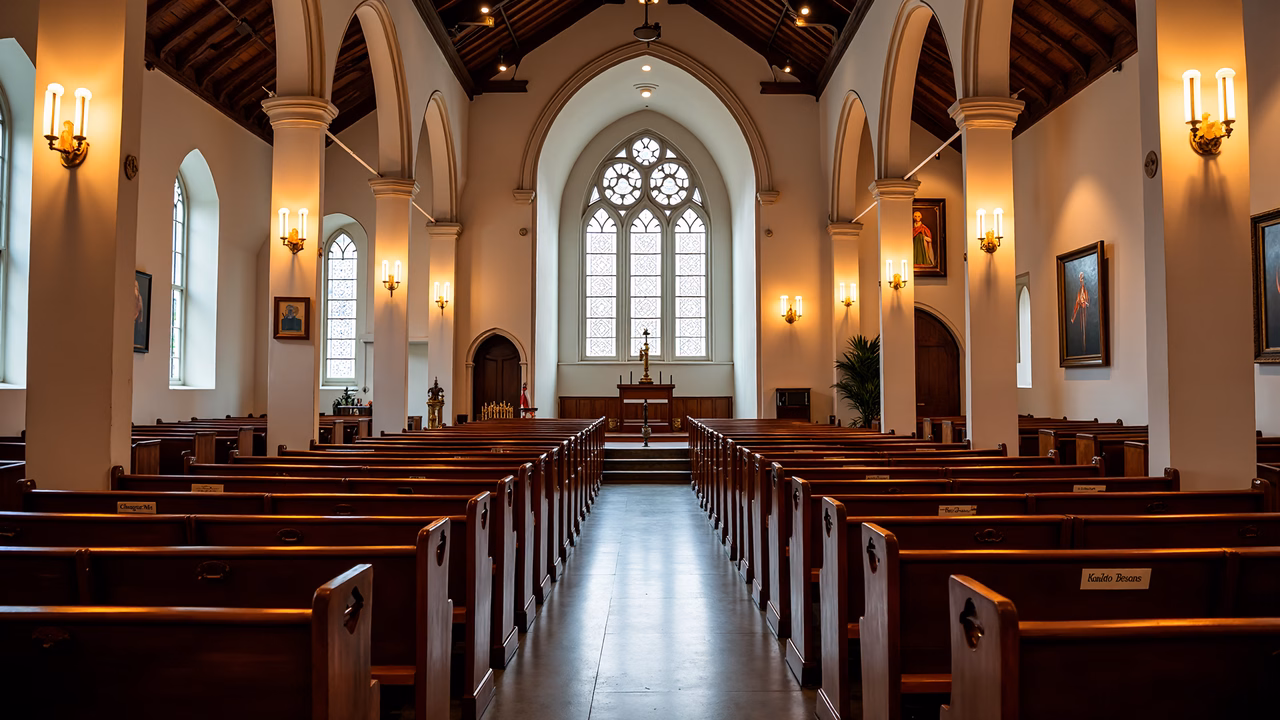 A tranquil view of a church interior with wooden pews and stained glass windows.