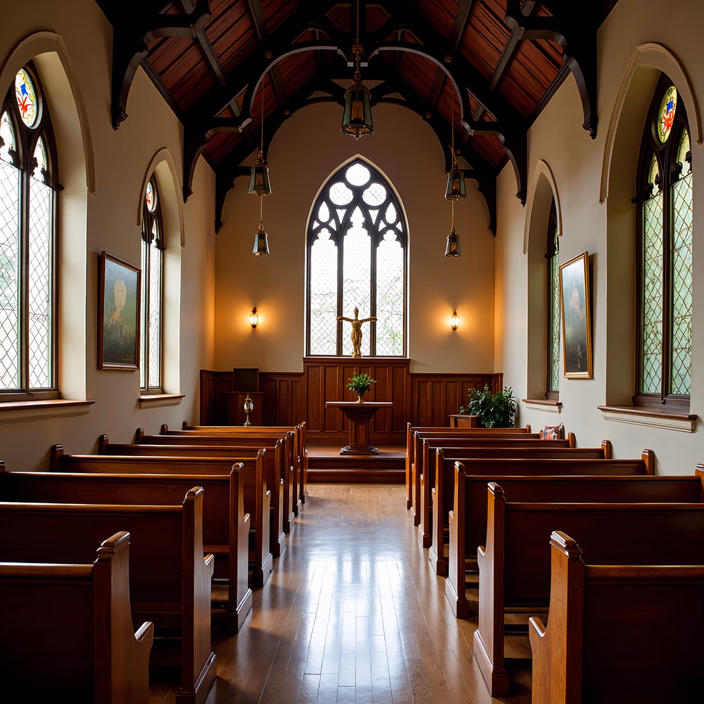 A peaceful view of a church interior with Gothic architecture and warm lighting.