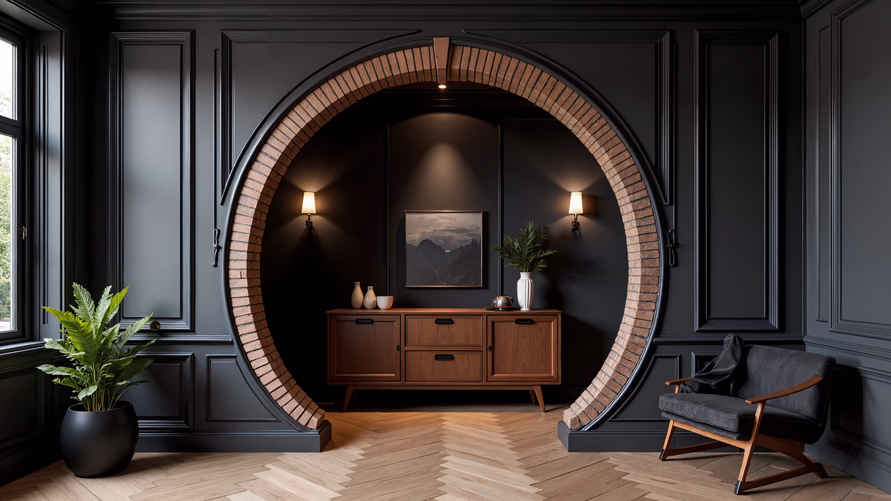 Dark gray walls, circular brick arch, wooden furniture, soft lighting, modern elegance