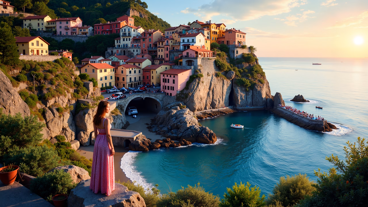 A woman in a pink dress gazes at a picturesque coastal village during sunset.