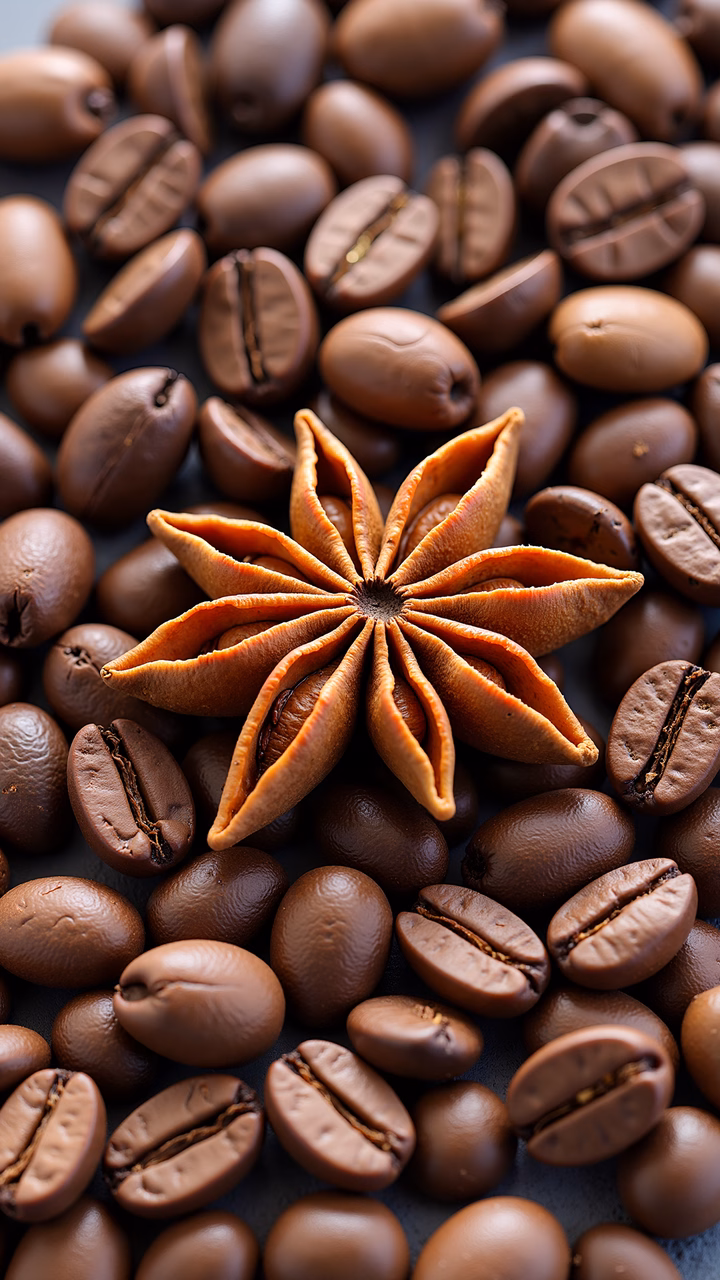 Close-up of roasted coffee beans with star anise, highlighting textures and natural colors.