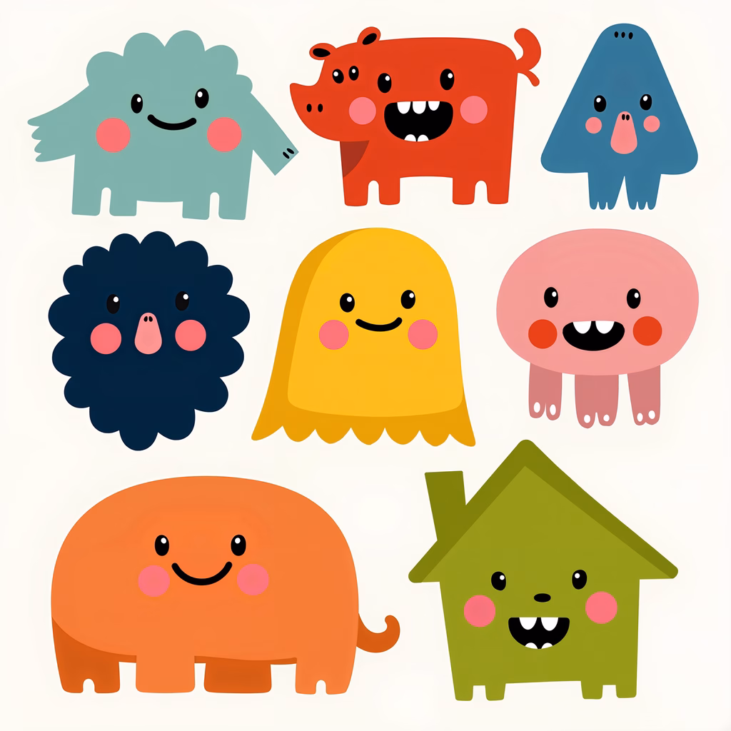 Brightly colored cartoon characters with playful expressions and simple shapes.