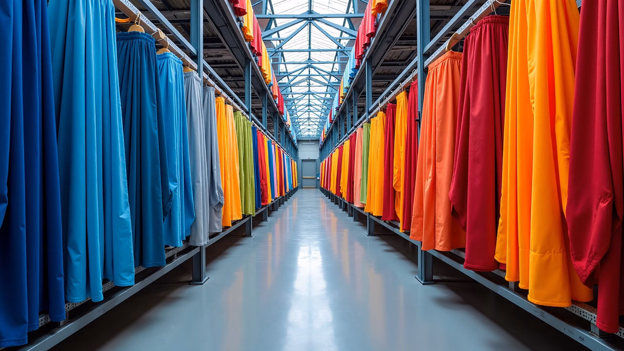 Vibrant fabric storage in a modern warehouse setting.