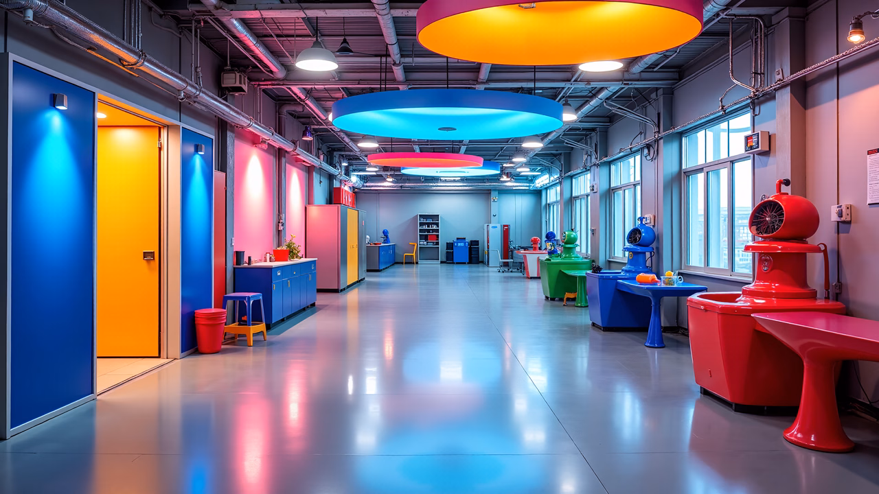 Boldly colored industrial workspace with reflective floors and modern design elements.