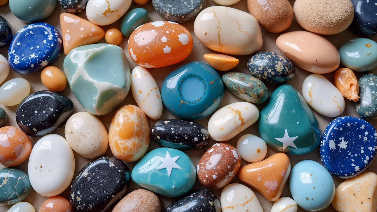A colorful array of marbled stones with unique patterns and glossy surfaces.