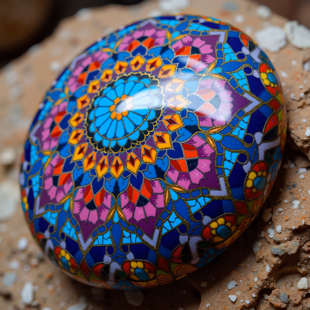 Vibrant mosaic stone with intricate floral patterns and colorful details.
