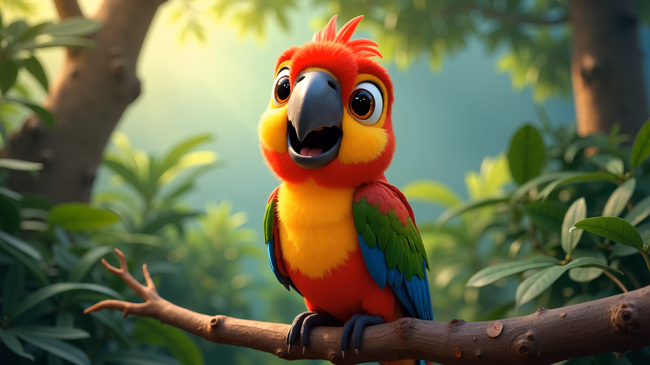 Brightly colored parrot perched on a tree branch, surrounded by green foliage.