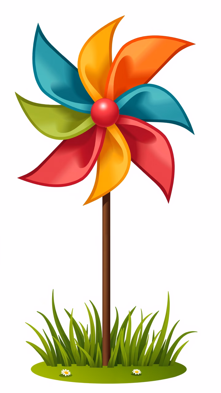 Brightly colored pinwheel spinning in a joyful scene.
