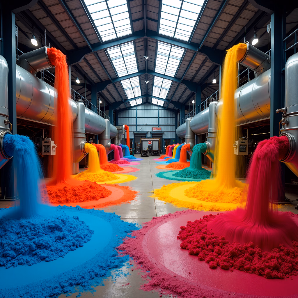 Vibrant industrial scene with colorful powders flowing from pipes.